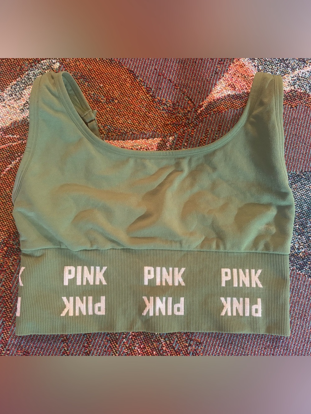 PINK VS Olive Green Seamless Sports Bra with Ribbed Lining and White Design